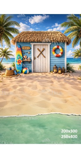 Tło fotograficzne „Plażowa chatka surferska z palmami i oceanem” | 4071